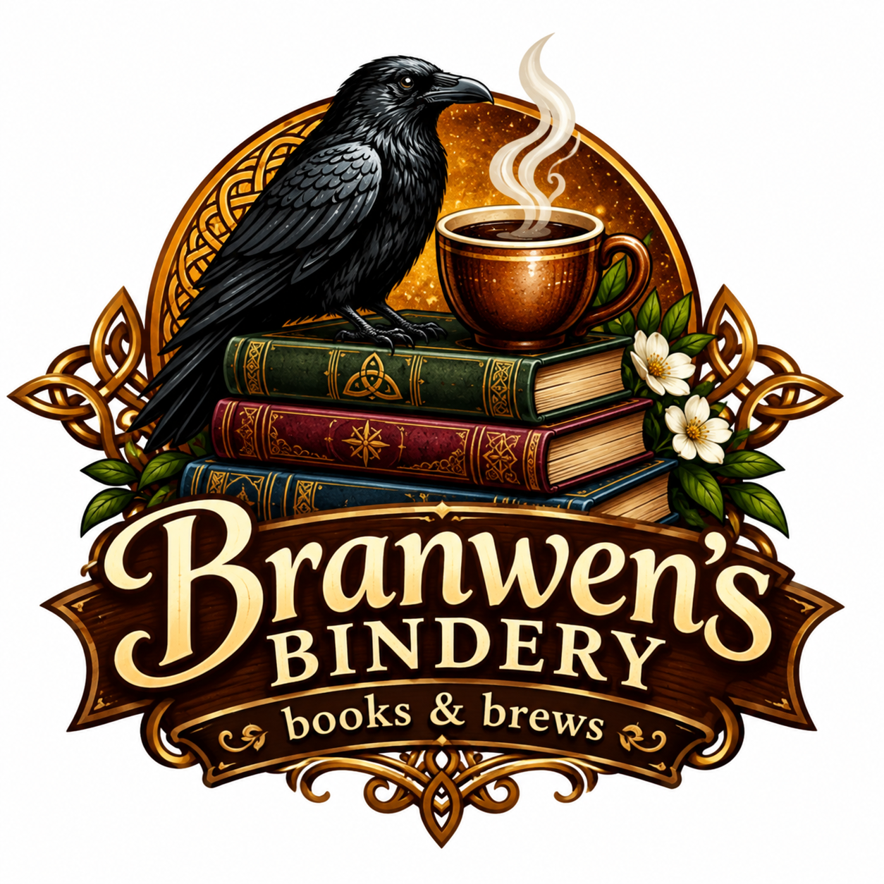 Branwen's Bindery Books & Brews seal, on ivory card stock